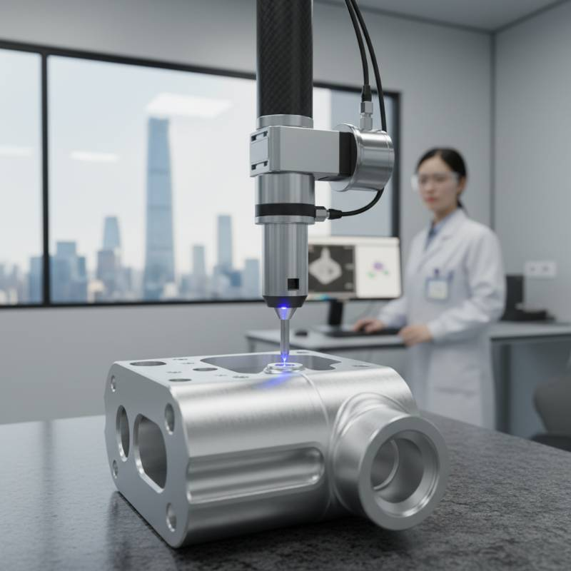 High-tech metrology probe measuring a metal part