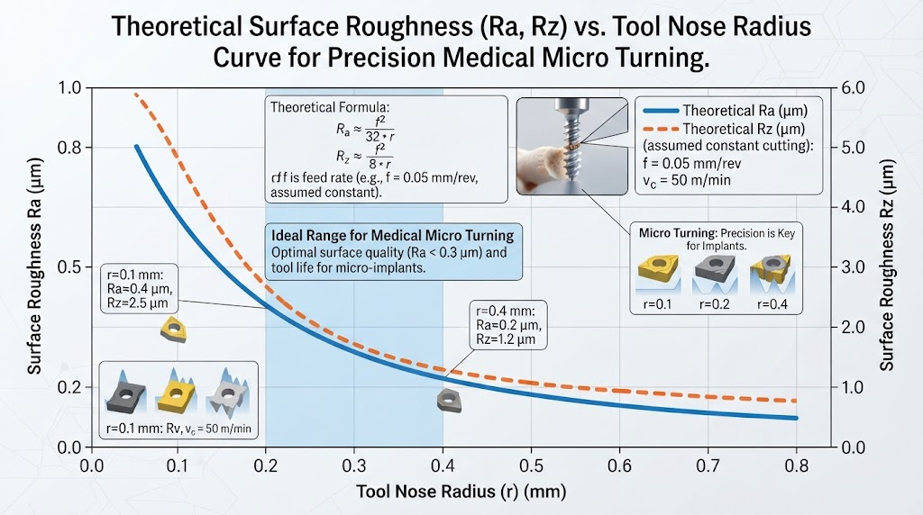 Theoretical Surface Roughness Ra Rz vs Tool Nose Radius Curve for precision medical micro turning