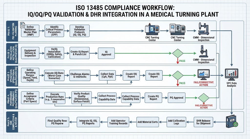 ISO 13485 IQ OQ PQ Validation and DHR Documentation Workflow Diagram in medical turning plant