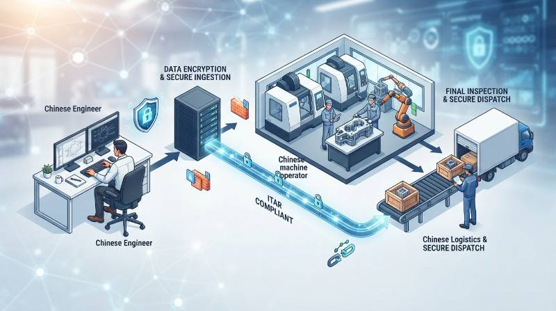Flowchart of ITAR technical data package security protocol and defense CNC supply chain chain-of-custody from CAD ingestion to dispatch