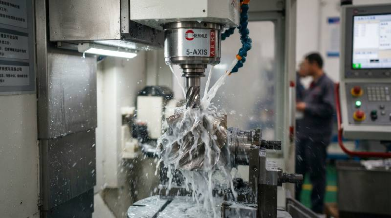 Macro view of a 5-axis CNC milling spindle machining an aerospace Inconel 718 turbine impeller with flood coolant