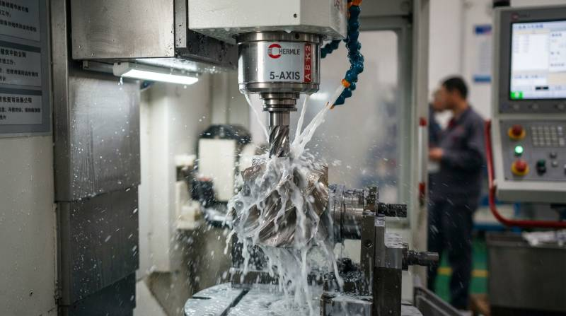Macro view of a 5-axis CNC milling spindle machining an aerospace Inconel 718 turbine impeller with flood coolant