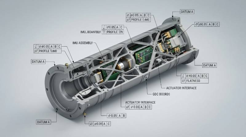 Technical CAD cutaway of a missile guidance chassis showing complex internal thin walls and GD&T datum callouts
