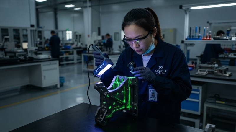 Aerospace quality technician examining a precision machined defense component under UV light for fluorescent penetrant inspection