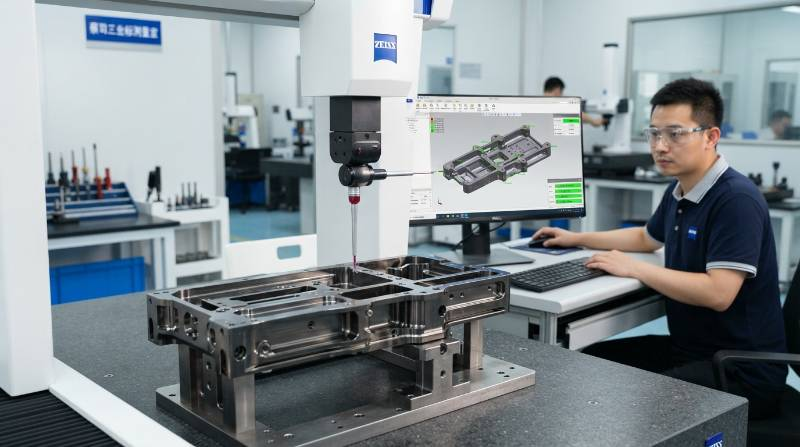 Zeiss coordinate measuring machine probe measuring high-precision defense milled chassis with CAD overlay on screen