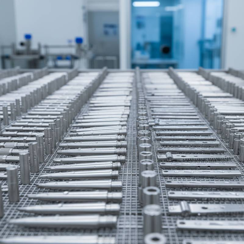 Rows of shiny stainless steel medical components after ultrasonic cleaning