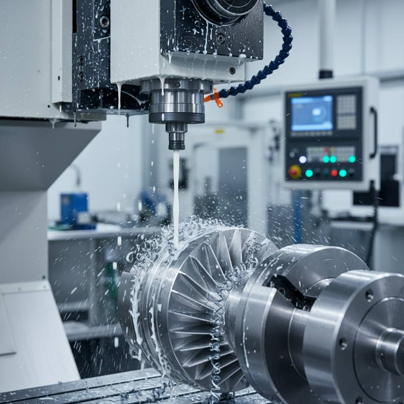 Precision CNC machine cutting aerospace titanium part with coolant spray