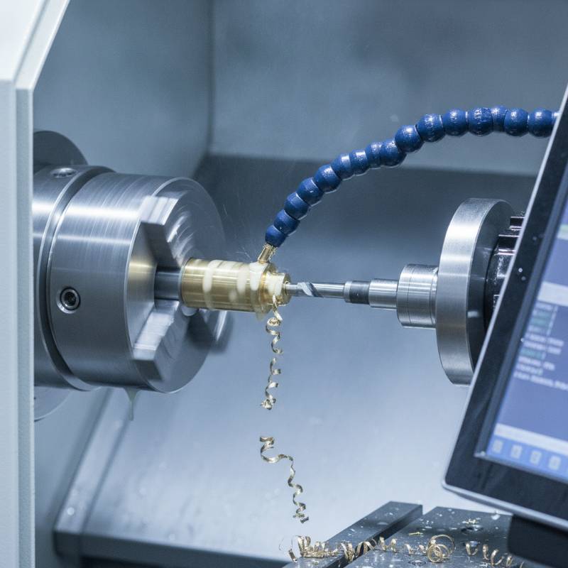 Close up of a Swiss-type CNC lathe machining a small complex part