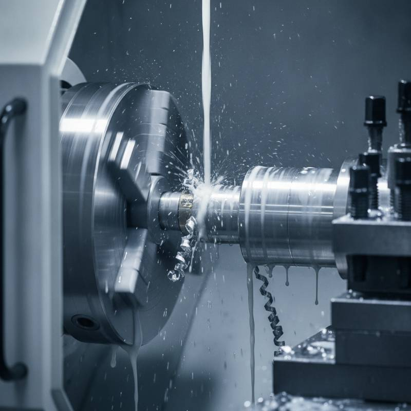 Close up of a CNC lathe cutting a cylindrical metal part with coolant spray