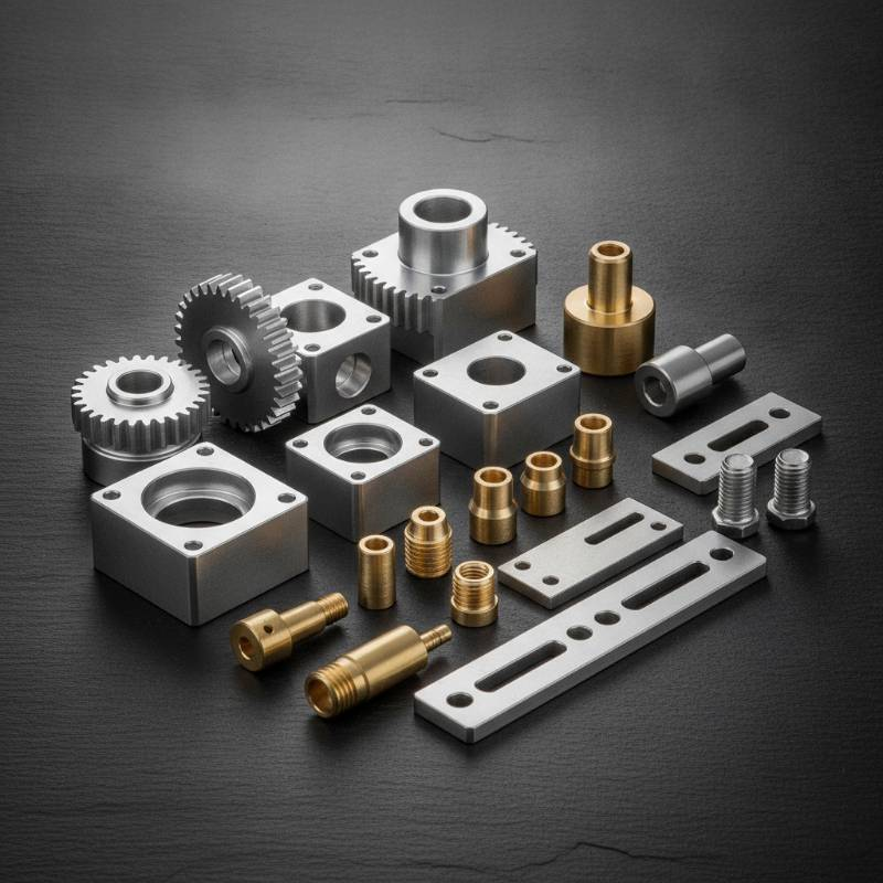 Collection of various machined metal parts in aluminum, brass, and stainless steel