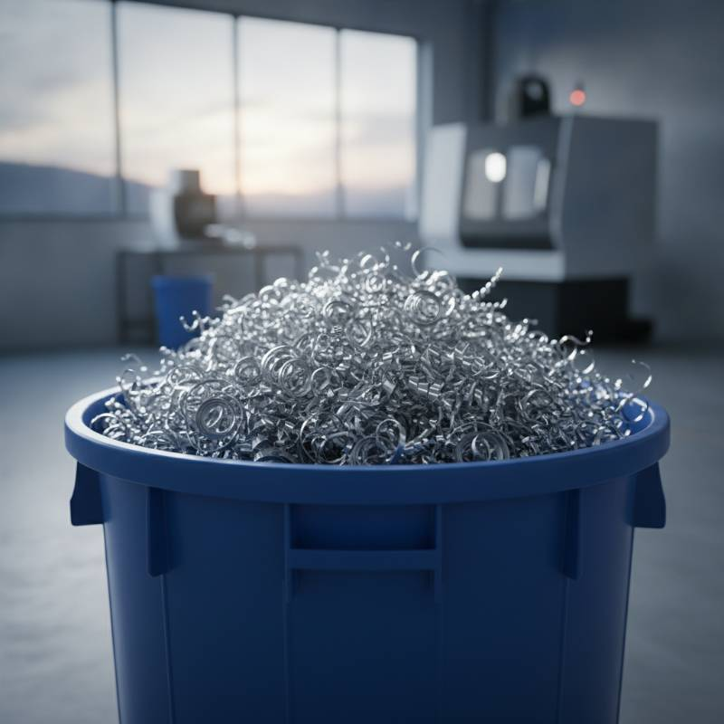 A recycling bin full of shiny metal shavings from a CNC machine