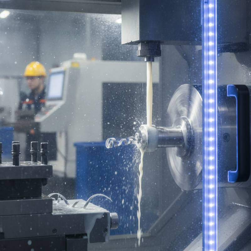 Close-up of a CNC lathe machining a high-precision metal shaft with coolant spray