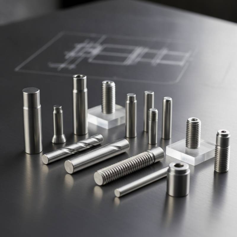 Collection of custom CNC turned pins and threaded fasteners in stainless steel and titanium