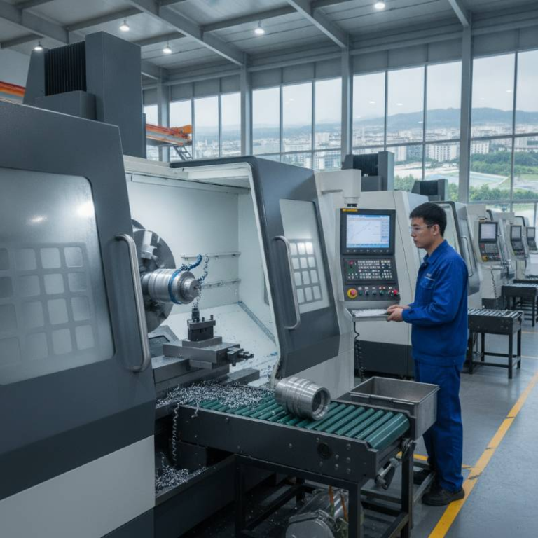 Industrial CNC turning lathe machine producing high precision metal parts in a modern factory setting.