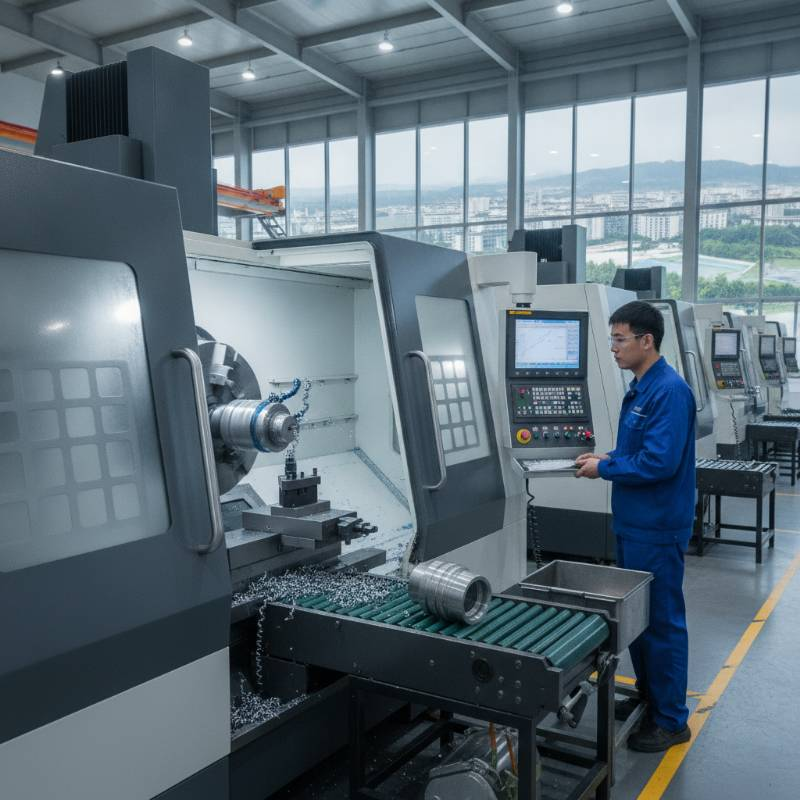 Industrial CNC turning lathe machine producing high precision metal parts in a modern factory setting.