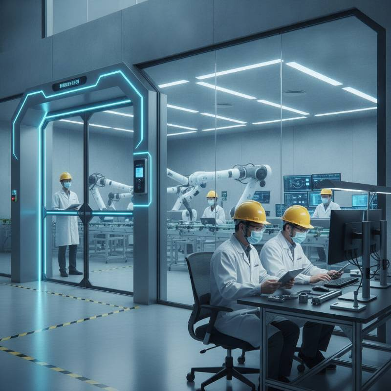 A secure manufacturing facility with modern security protocols and quality control inspectors wearing safety gear