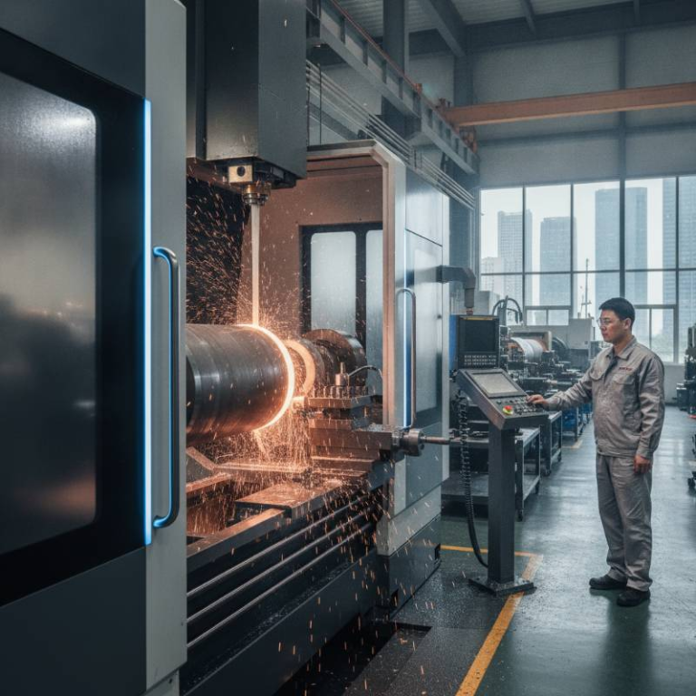 Large industrial CNC lathe machining a massive steel cylinder