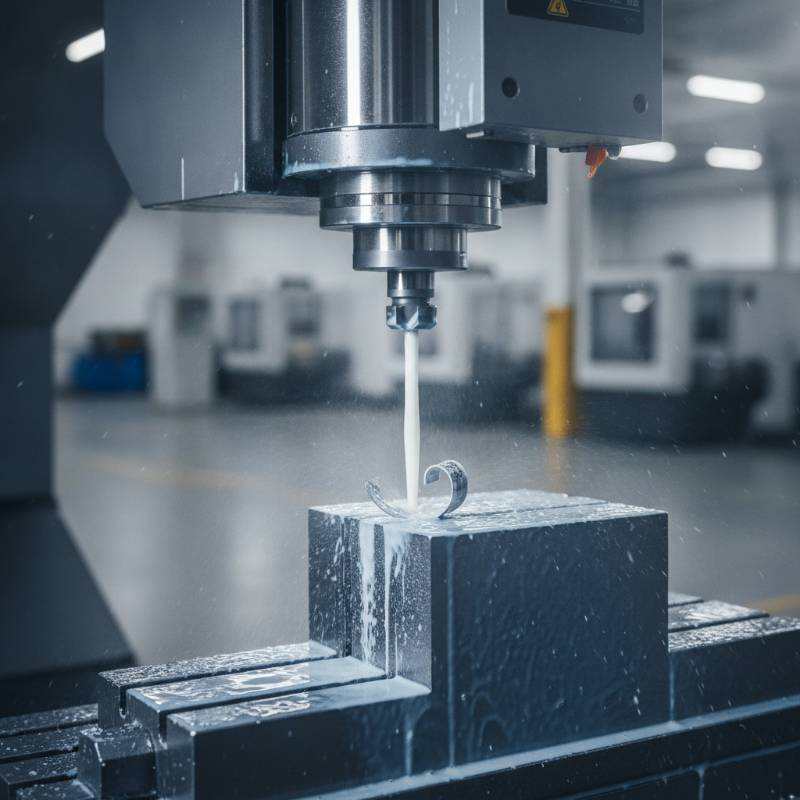 Close up of CNC tool cutting heavy metal with cooling fluid