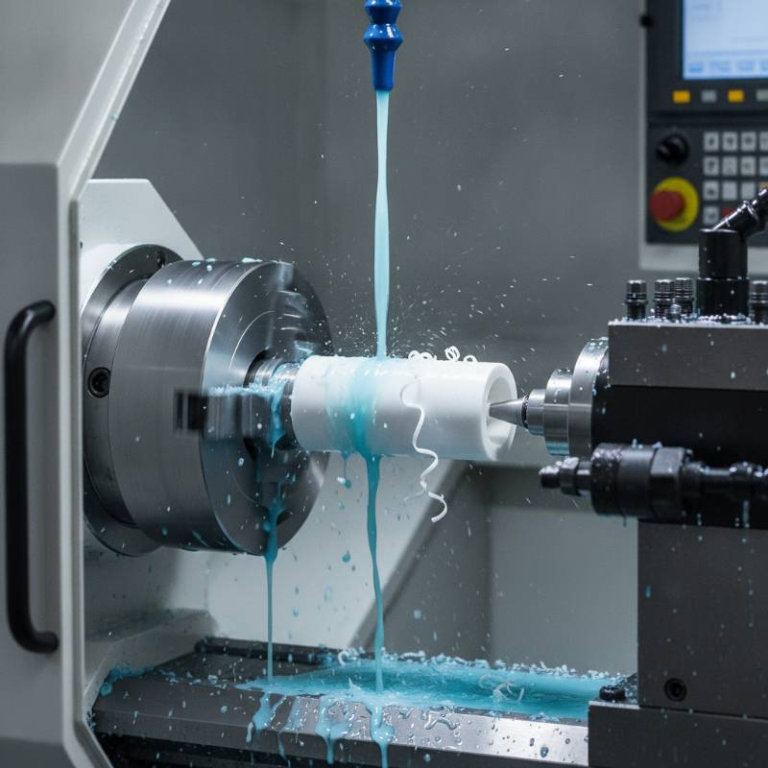 Close-up of a CNC lathe machining a white Delrin component with blue coolant spray