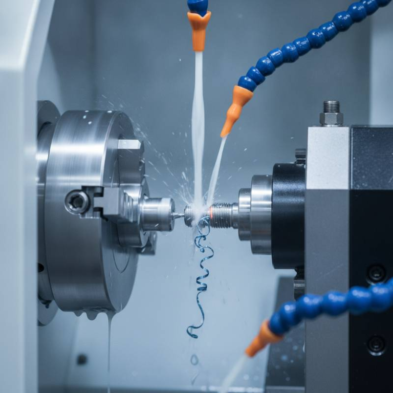 Close-up of CNC lathe machining a small titanium medical screw with coolant spray