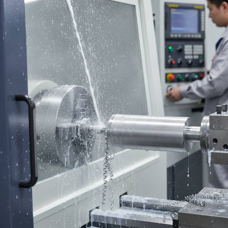 Close-up of a high-speed CNC lathe turning an aluminum cylinder with coolant spray