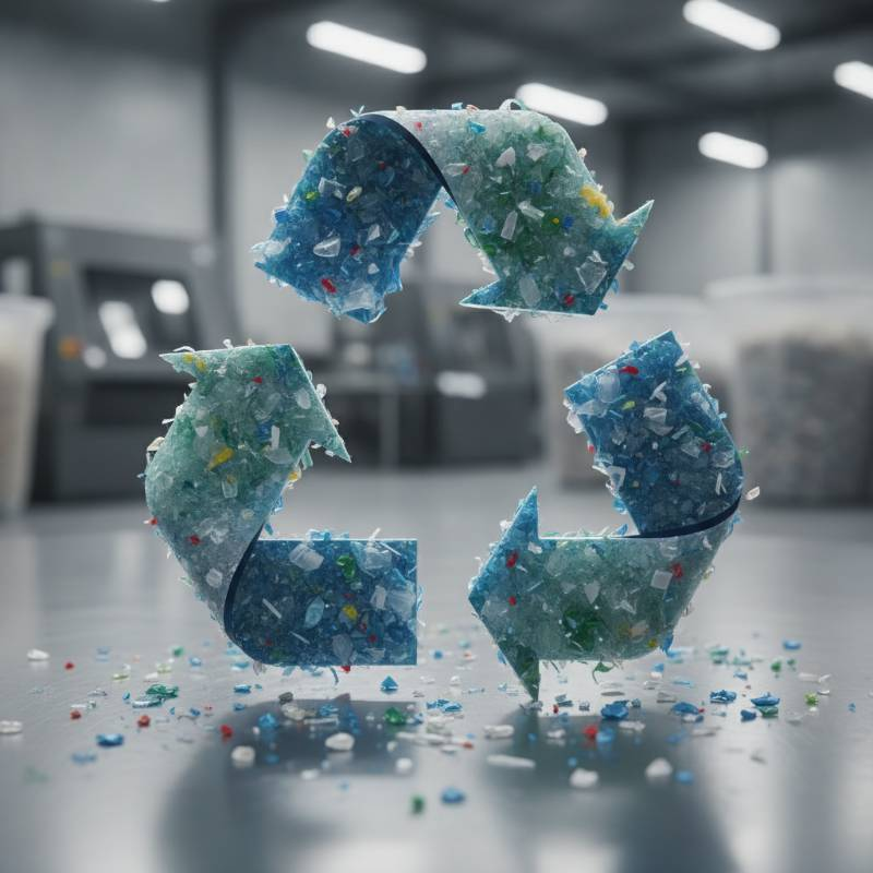 A recycling symbol made of machined plastic chips and shavings