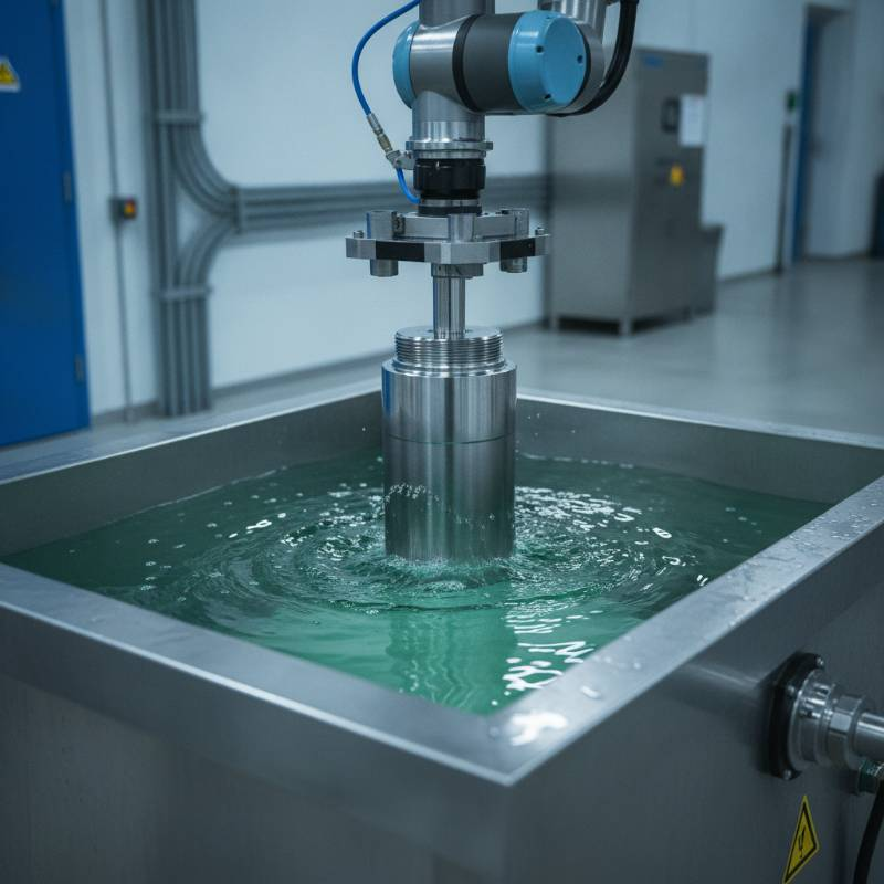 Stainless steel CNC turned part being submerged in a passivation tank