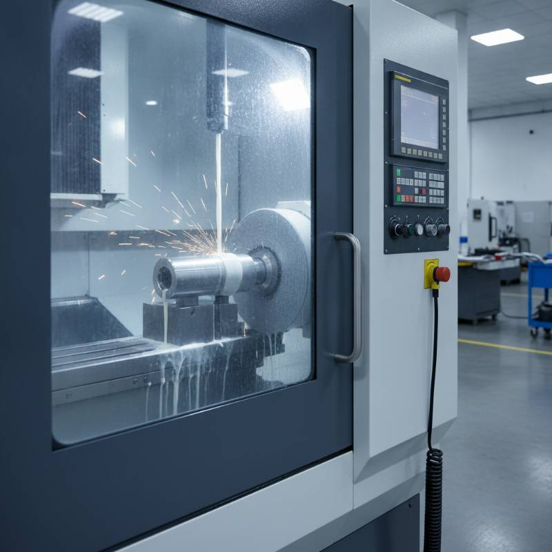 Industrial CNC grinding machine working on a high-precision metal component with coolant spray.