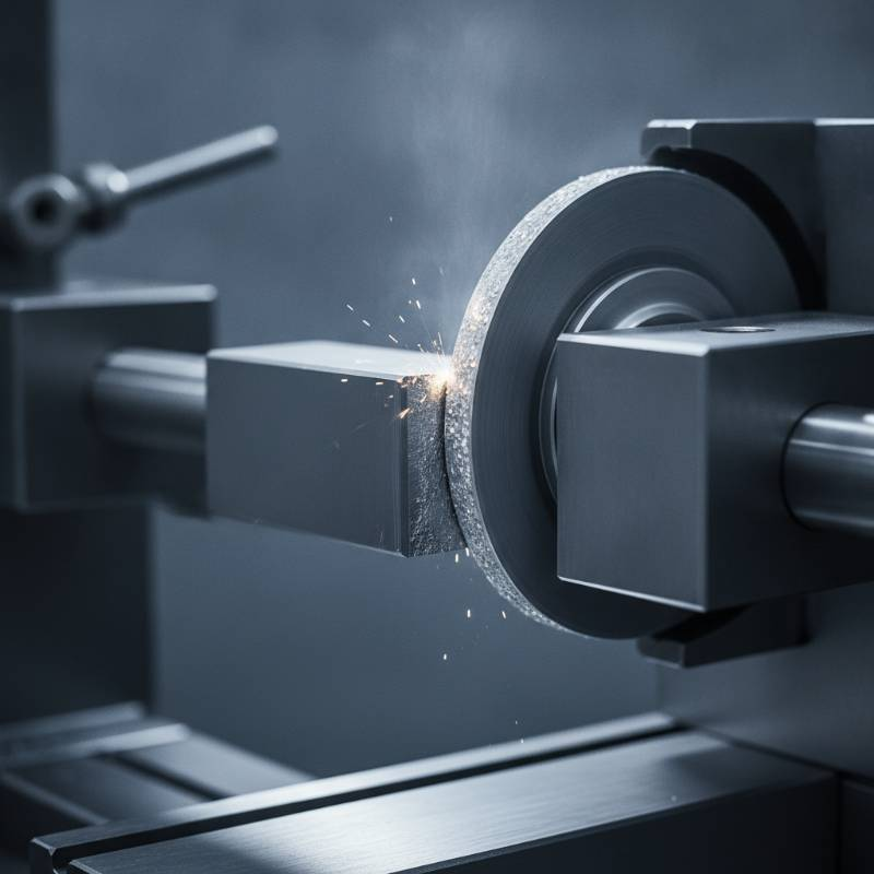 Close up of a diamond grinding wheel touching a tungsten carbide part