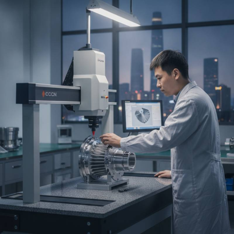 A technician using a Coordinate Measuring Machine (CMM) to inspect a precision part