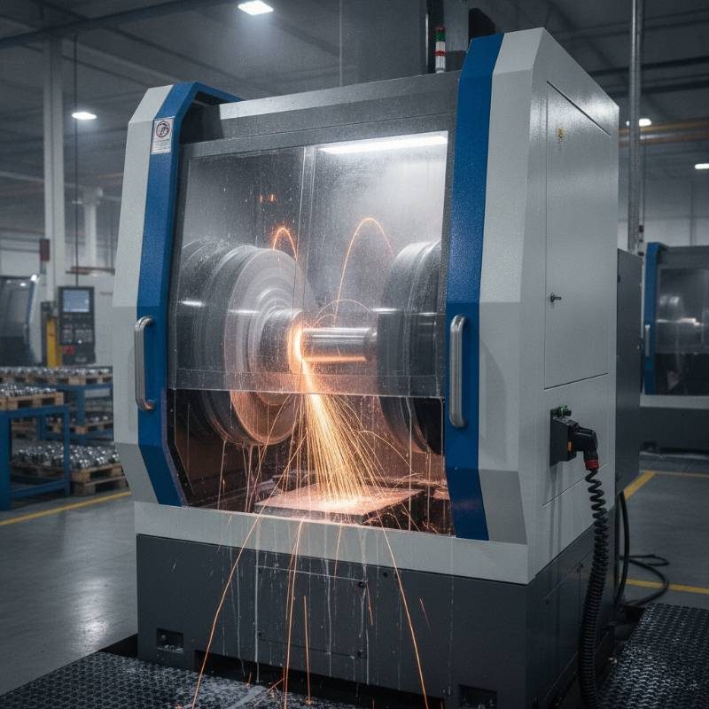 Industrial CNC centerless grinding machine in operation with sparks and coolant