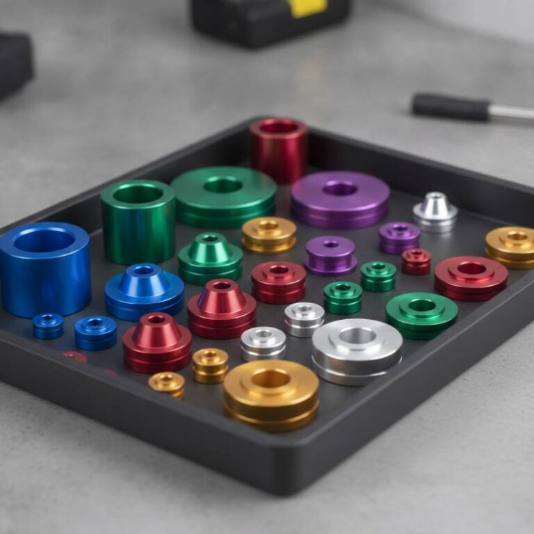 Assorted colorful anodized aluminum turned parts in a tray