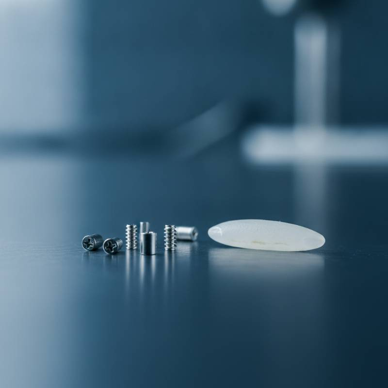Tiny micro-machined medical screws next to a grain of rice for scale