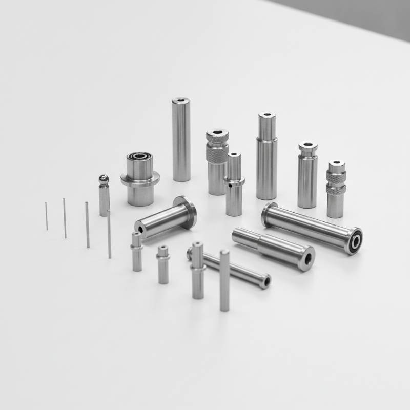 Assorted precision pins and shafts on a clean surface