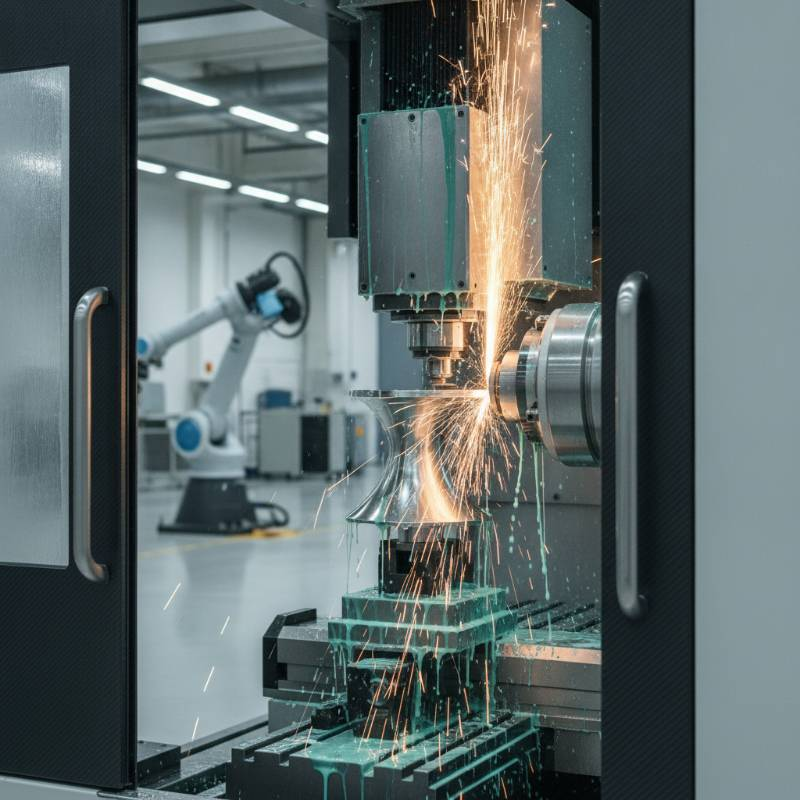 High-tech CNC grinding machine processing a titanium aerospace part with sparks and coolant fluid