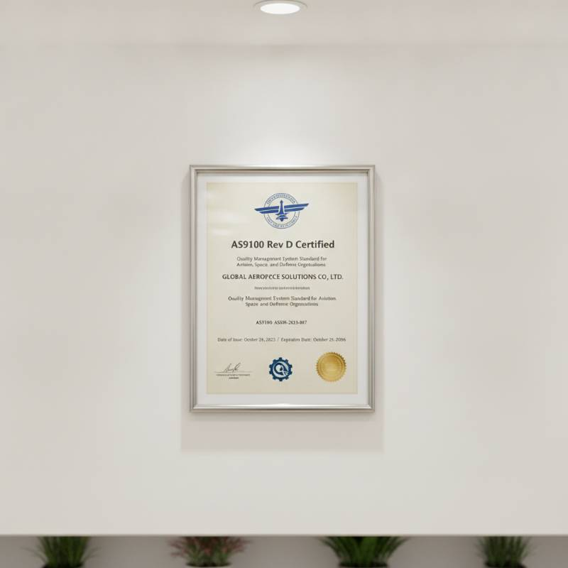 A technical certificate for AS9100 Rev D displayed on a clean office wall
