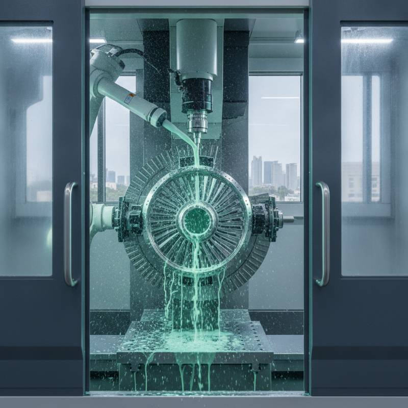 Advanced multi-axis CNC mill-turn center machining a complex aerospace part with coolant spray