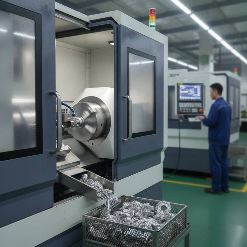 Industrial high-volume CNC lathe producing precision metal parts