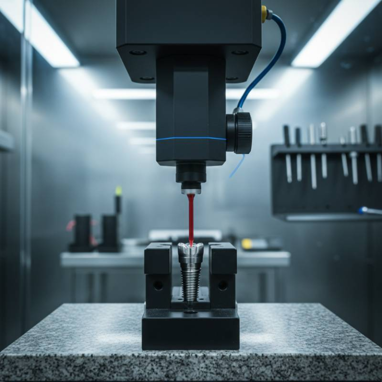 Automated CMM probe inspecting a titanium dental implant