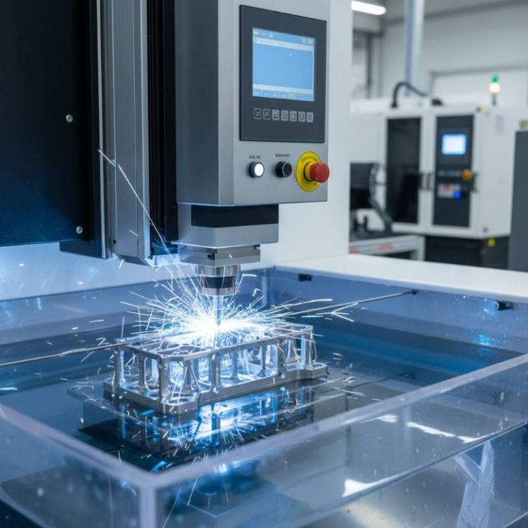Precision wire EDM machine cutting a complex aerospace part with blue sparks in dielectric fluid.