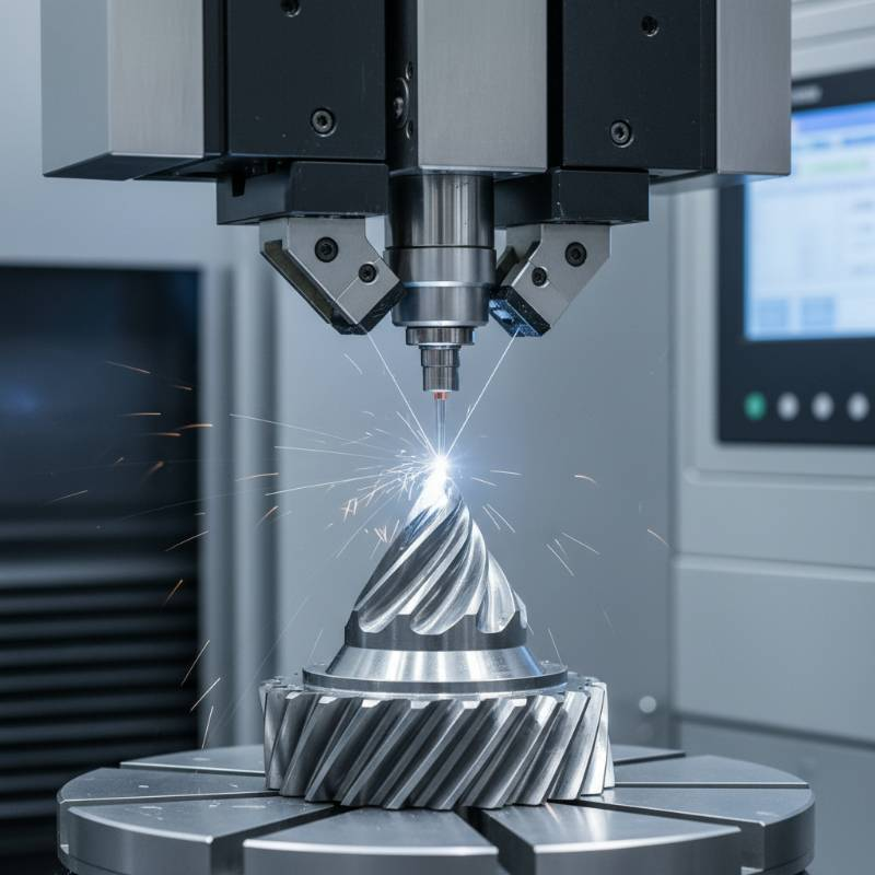 Close up of a 4-axis wire EDM head cutting a tapered gear profile.