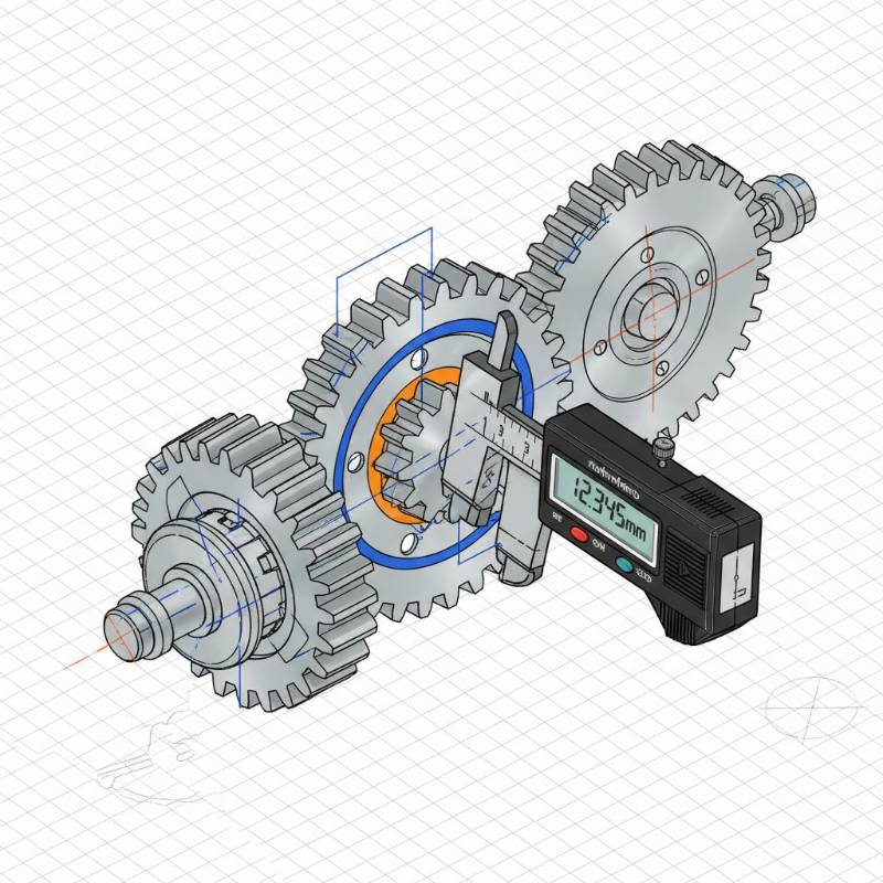 A technical drawing of a complex gear being measured by a digital micrometer.