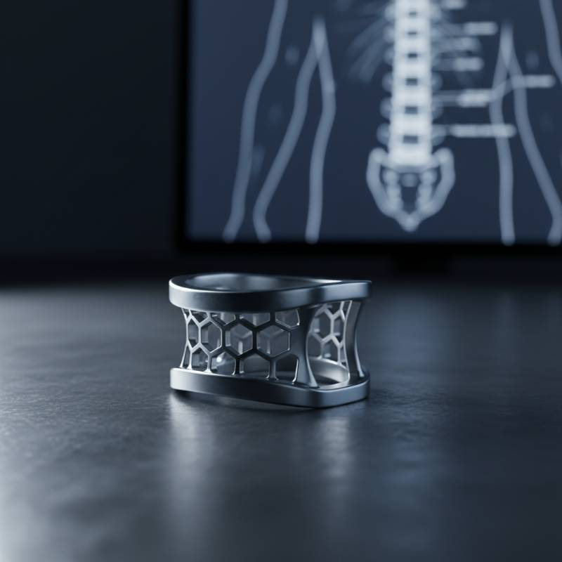 Close up of a highly polished titanium spinal cage