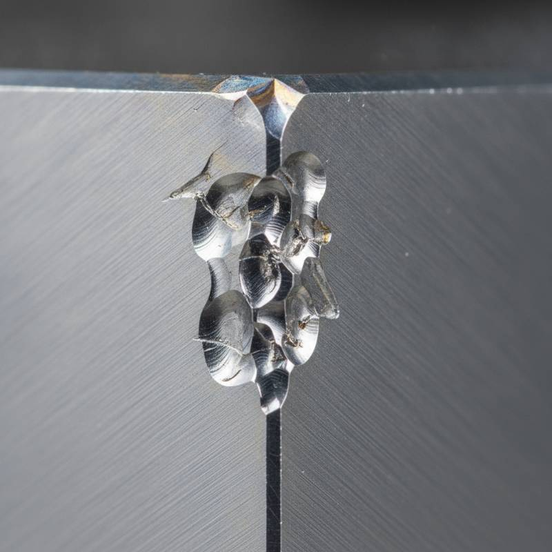Macro photo of chatter marks and tool deflection in a metal corner