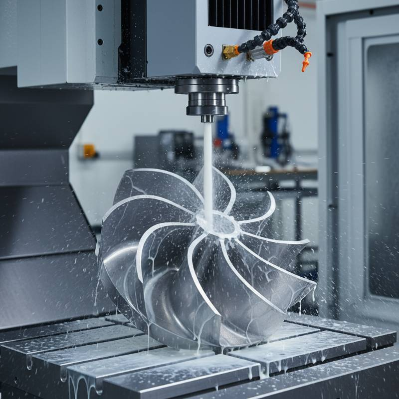 Close-up of a 5-axis CNC machine milling a titanium aerospace impeller with coolant spray