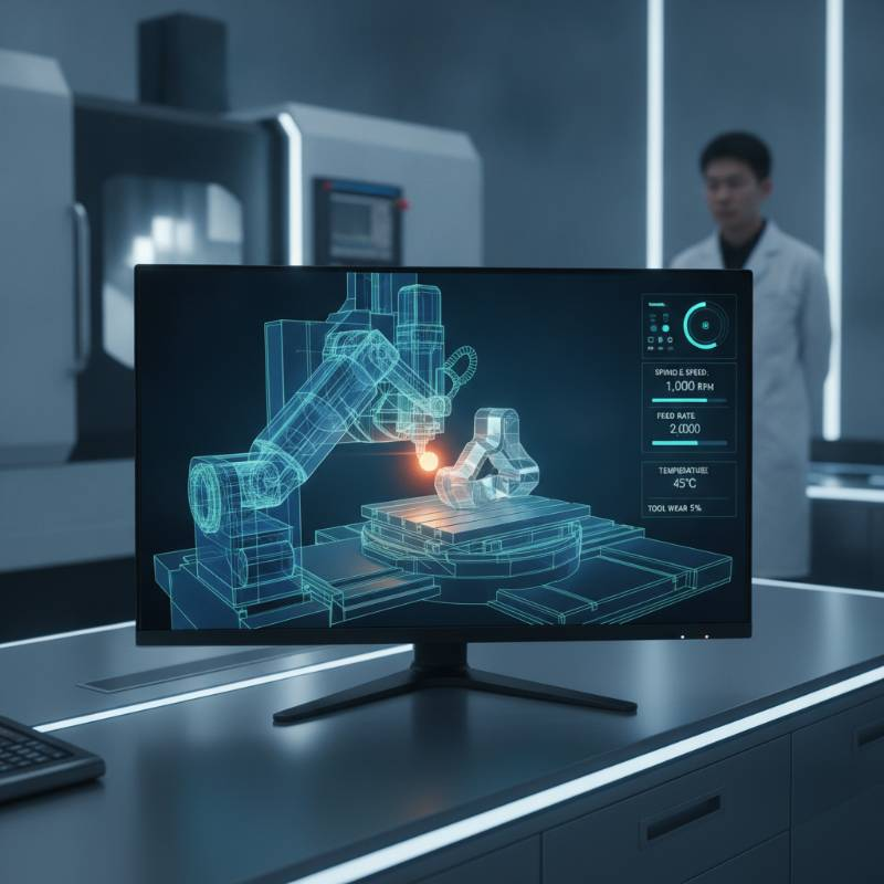 A digital twin simulation of a 5-axis CNC machine on a high-tech monitor