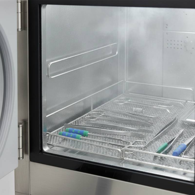 Close up of medical instruments being sterilized in an autoclave