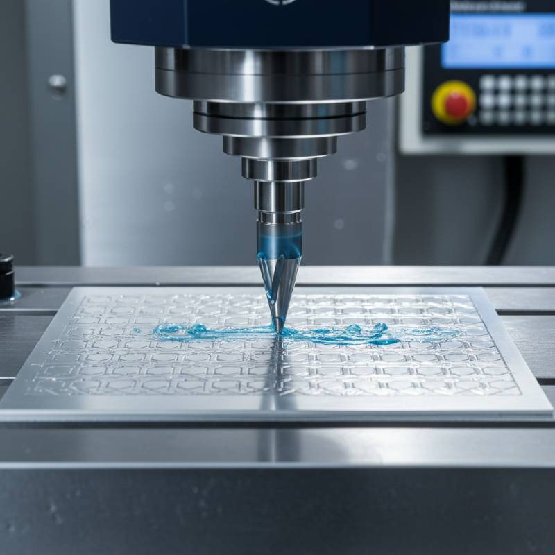 Close up of a high-purity aluminum semiconductor component being milled with extreme precision