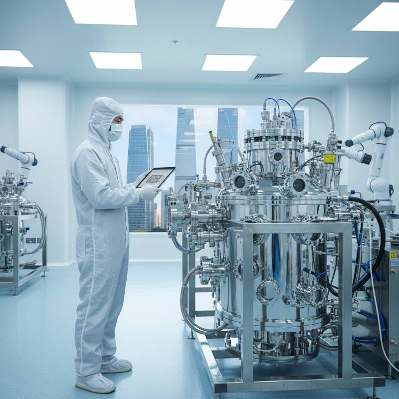 A technician in a white cleanroom suit inspecting a precision vacuum chamber