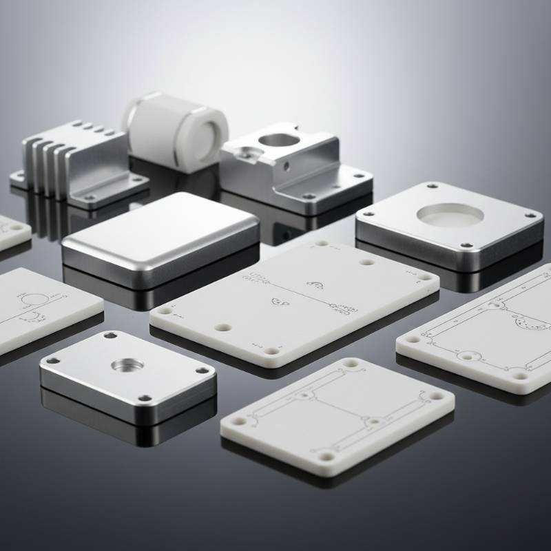 Assorted high-precision semiconductor parts made of shiny aluminum and white ceramic